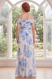 Off the Shoulder Ruched Chiffon White Blue Flower Mother of the Bride Dress