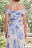 Off the Shoulder Ruched Chiffon White Blue Flower Mother of the Bride Dress