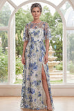Elegant Blue Flower Half Sleeve Mother of the Bride Dress with Slit
