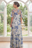 Elegant Blue Flower Half Sleeve Mother of the Bride Dress with Slit