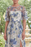 Elegant Blue Flower Half Sleeve Mother of the Bride Dress with Slit