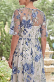Elegant Blue Flower Half Sleeve Mother of the Bride Dress with Slit