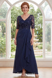 Navy V Neck Beaded Chiffon Long Mother of the Bride Dress with Ruffles