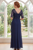 Navy V Neck Beaded Chiffon Long Mother of the Bride Dress with Ruffles