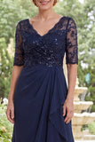 Navy V Neck Beaded Chiffon Long Mother of the Bride Dress with Ruffles