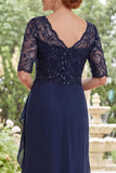 Navy V Neck Beaded Chiffon Long Mother of the Bride Dress with Ruffles