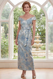 Blue Jacquard Off the Shoulder Long Mother of the Bride Dress with Belt