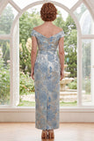 Blue Jacquard Off the Shoulder Long Mother of the Bride Dress with Belt