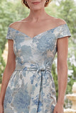 Blue Jacquard Off the Shoulder Long Mother of the Bride Dress with Belt