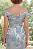 Blue Jacquard Off the Shoulder Long Mother of the Bride Dress with Belt