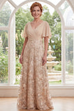 Floral Applique A-Line V-Neck Champagne Mother of the Bride Dress with Flutter Sleeves