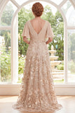 Floral Applique A-Line V-Neck Champagne Mother of the Bride Dress with Flutter Sleeves