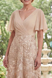 Floral Applique A-Line V-Neck Champagne Mother of the Bride Dress with Flutter Sleeves