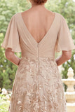 Floral Applique A-Line V-Neck Champagne Mother of the Bride Dress with Flutter Sleeves