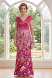 Fuchsia Floral Applique Mermaid Mother of the Bride Dress with Cap Sleeves