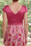 Fuchsia Floral Applique Mermaid Mother of the Bride Dress with Cap Sleeves