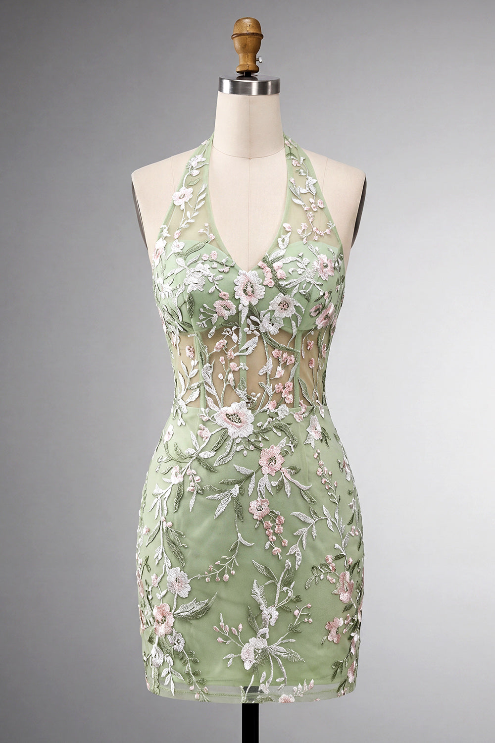 Wedtrend Women Halter Sage Green Homecoming Dress Corset Bodycon Embroidered Floral Cocktail Dress, Sage Green / US26W