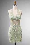 Sage Green Embroidered Halter Corset Bodycon Homecoming Dress