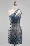 One Shoulder Navy Bodycon Sequin Homecoming Dress