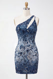 One Shoulder Navy Bodycon Sequin Homecoming Dress