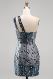One Shoulder Navy Bodycon Sequin Homecoming Dress