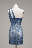 One Shoulder Navy Bodycon Sequin Homecoming Dress