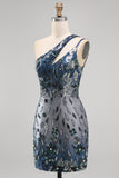 One Shoulder Navy Bodycon Sequin Homecoming Dress