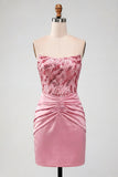 Strapless Sequin Bodycon Ruched Pink Homecoming Dress
