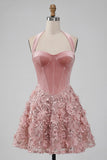 Pink Halter Corset Sequin A Line Homecoming Dress with Appliques