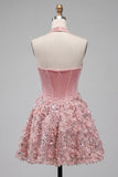 Pink Halter Corset Sequin A Line Homecoming Dress with Appliques