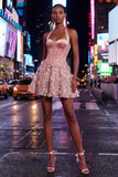 Pink Halter Corset Sequin A Line Homecoming Dress with Appliques