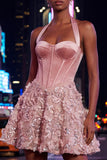 Pink Halter Corset Sequin A Line Homecoming Dress with Appliques