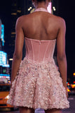 Pink Halter Corset Sequin A Line Homecoming Dress with Appliques