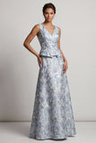 Dusty Blue A Line V-Neck Jacquard Mother of the Bride Dress