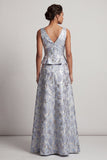 Dusty Blue A Line V-Neck Jacquard Mother of the Bride Dress
