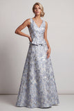 Dusty Blue A Line V-Neck Jacquard Mother of the Bride Dress