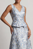 Dusty Blue A Line V-Neck Jacquard Mother of the Bride Dress