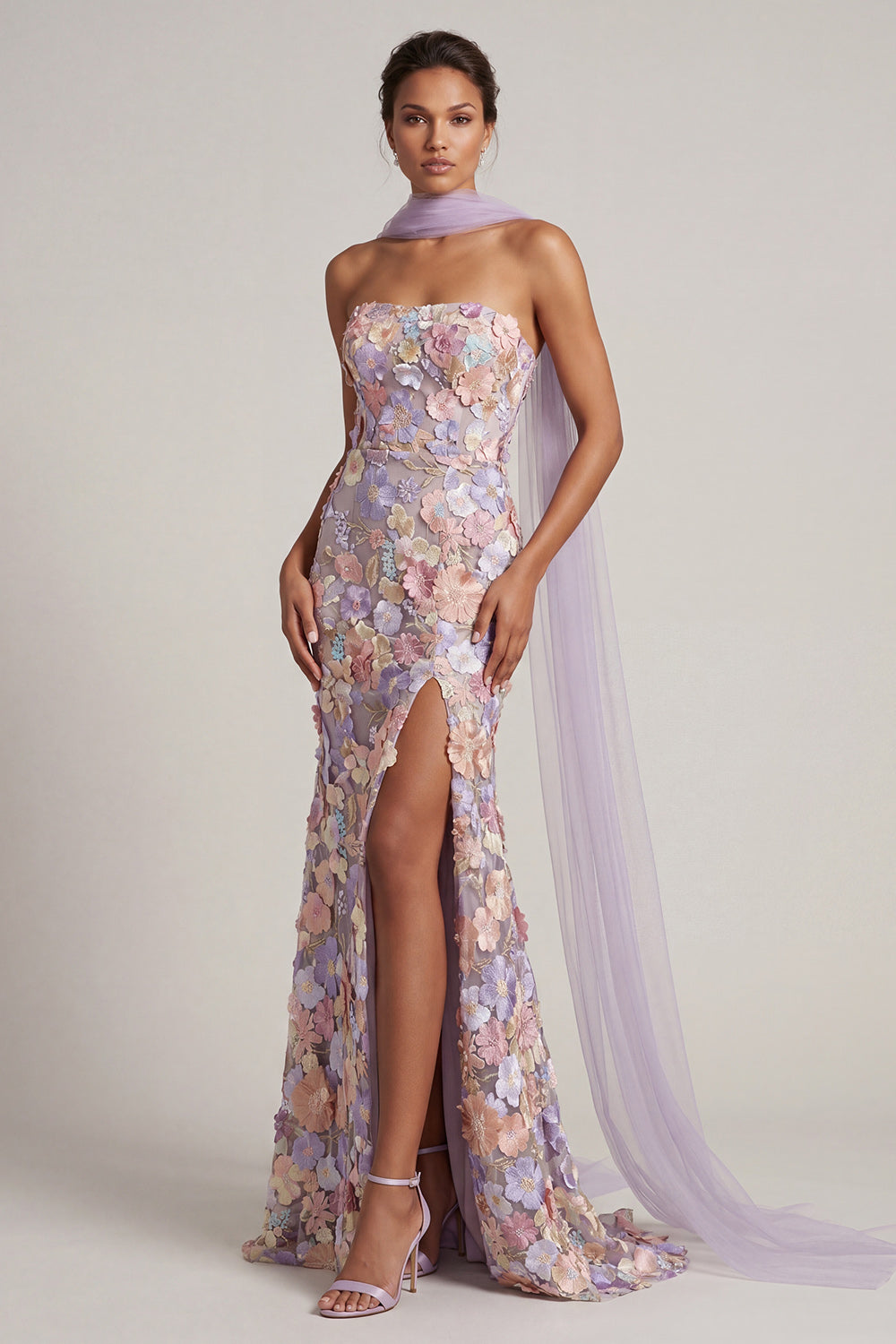 Wedtrend Women Light Purple Maxi Dress with Slit Floral Applique Strapless Mermaid Wedding Guest Dress with Scarf, Light Purple / US10