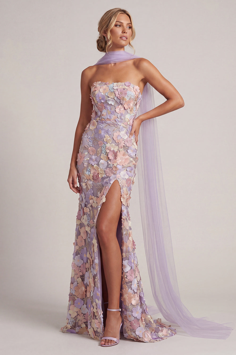 Wedtrend Women Light Purple Maxi Dress with Slit Floral Applique Strapless Mermaid Wedding Guest Dress with Scarf, Light Purple / US10