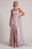 Light Purple Floral Applique Mermaid Strapless Maxi Dress with Slit