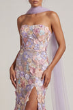 Light Purple Floral Applique Mermaid Strapless Maxi Dress with Slit