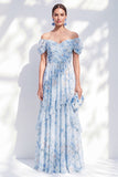 Off the Shoulder A Line Blue Floral Maxi Dress with Puff Sleeves
