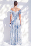 Off the Shoulder A Line Blue Floral Maxi Dress with Puff Sleeves