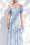 Off the Shoulder A Line Blue Floral Maxi Dress with Puff Sleeves
