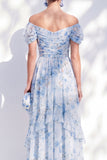 Off the Shoulder A Line Blue Floral Maxi Dress with Puff Sleeves