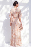 Champagne Floral Mother of the Bride Dress with Half Sleeves
