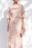 Champagne Floral Mother of the Bride Dress with Half Sleeves