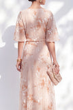 Champagne Floral Mother of the Bride Dress with Half Sleeves
