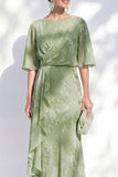 Champagne Floral Mother of the Bride Dress with Half Sleeves