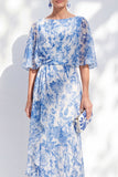 Champagne Floral Mother of the Bride Dress with Half Sleeves